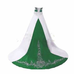 a green and white wedding gown with beading on the neckline is shown in front of a white background