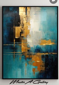 an abstract painting with blue, yellow and black colors on it's canvas frame