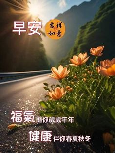 an advertisement with flowers in the foreground and mountains in the background, which are written in chinese