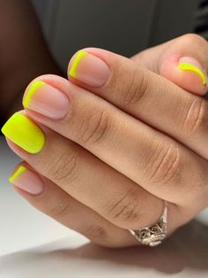 Neon French Tips Nails, Neon Tips Short Nails, Neon Yellow Nails Short, Yellow Nails French Tip, Colored Tips Nails, Neon Tip Nails, Fun French Tip Nails, Short Neon Nails, Neon French Tip Nails