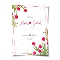 a wedding card with red flowers and greenery on the front, in white background