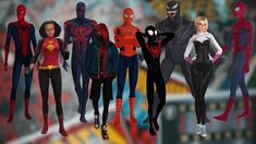 a group of spider - man and woman standing next to each other