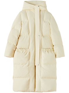 vanilla white quilted padded design slouchy hood stand-up collar front press-stud fastening long sleeves two front pouch pockets straight hem below-knee length Beige Sweatpants, Beige Gloves, Coat White, Outer Wear, Shades Of Beige, Airport Fashion, Oversized Coat, Down Coat, Outerwear Coats