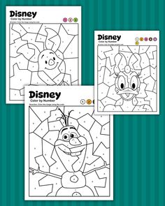 three disney coloring pages with the characters in them