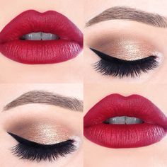 Golden eyeshadow makeup look with red lips Quinceanera Makeup, Retro Beauty, Neutral Eyeshadow, Makeup Geek, Makeup Goals, Red Lipstick, Makeup Essentials