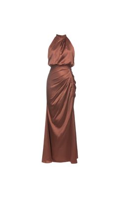 The elegant halter neck and ruched satin fabric create a timeless and sophisticated look. Perfect for prom or any special occasion, this dress is designed to flatter and impress. Pattern Type: Plain Details: Backless, Ruched, Zipper Sleeve Length: Sleeveless Color: Bronze Neckline: Halter Length: Long Fit Type: Slim Fit Fabric: Non-Stretch Material: Woven Fabric Composition: 97% Polyester, 3% Elastane Care Instructions: Machine wash, do not dry clean Colour may vary due to lighting on images. The product images (without model) are closest to the true colour of the product. Item runs true to size chart and is cut to suit our size chart. Please refer to our size chart for the best fit. Do not size up or down. Prom Dress Halter Neck, Halter Neck Prom Dress, Prom Dress Halter, Goddess Aesthetic, Plus Size Corset, Velvet Midi Dress, Puff Long Sleeves, Satin Prom Dress, Color Bronze