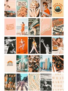 the collage is made up of many different images and words, including women in swimsuits