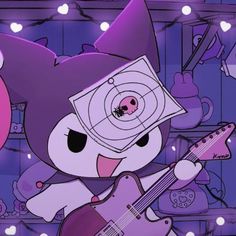 a cartoon character playing an electric guitar in front of a purple background with hearts and lights