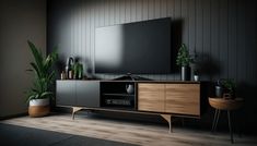 a living room with a large television and potted plants on the sideboard in front of it