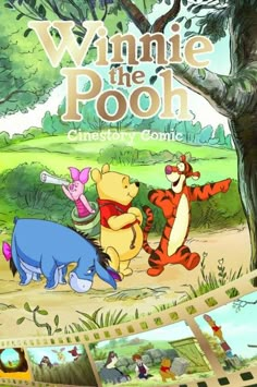 winnie the pooh nursery book with pictures of various animals and trees in front of it