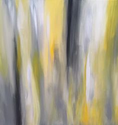 an abstract painting of yellow and grey trees in the woods with white, black, and gray colors