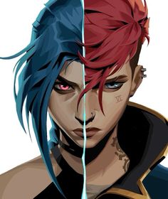 two anime characters one with red hair and the other with blue hair, both staring at each other