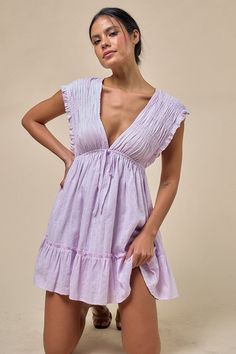 Mini Dress Deep V neck in font and back Tie back Detail Dress Deep V Neck, Dress Lilac, Mini Skirt Dress, Free People Mini Dress, Free People Tunic, Lilac Dress, Egg Hunt, Tie Back, Above The Knee