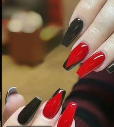 Black Nail Red Tip, Black Nail With Red Tip, Black Nd Red Acrylic Nails, Red Nail With Black Tip, Red And Black Aesthetic Nails Acrylic, Red And Black Nails Simple Design, Acrylic Nails Ideas Red And Black, Black With Red French Tip Nails, Black And Red Nails Ideas Coffin