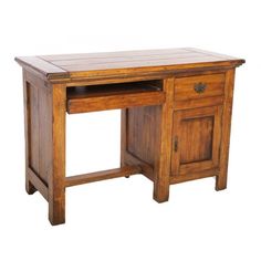 an old wooden desk with one drawer and two doors on the top, against a white background