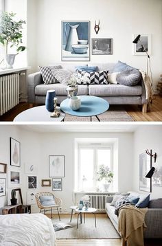 two pictures of a living room with white walls