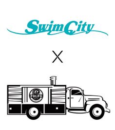 a black and white drawing of a tow truck with the words swim city on it