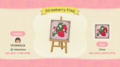 an animal crossing card game with the strawberry flag on it's easel and other items