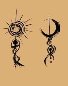 the sun and moon are drawn in black ink on a beige background with swirls