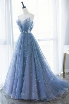 Blue Tulle Gorgeous V Neck Long Prom Dresses, Blue Tulle Formal Evening Dresses, Blue Ball Gown WT1702 Insane Dresses, Blue Ball Gown, Blue Ball Gowns, Gaun Fashion, Tulle Sleeves, Floor Length Prom Dresses, Blue Ball, Blue Evening Dresses, Blue Tulle