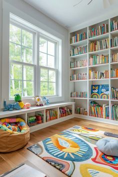 a child's room with bookshelves and toys