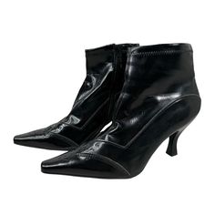 Franco Sarto Women's Lena Ankle Booties Size 9 M Black Leather Zip Up New, Original Box Black Ankle Boot Heels For Business, Formal Black Ankle Heeled Boots, Black Formal Winter Booties, Black Winter Formal Booties, Winter Formal Black Booties, Black Pointed Toe Booties With 4-inch Heel, Black Booties With 4-inch Heel And Pointed Toe, Ankle-high Black Heeled Boots For Business, Fitted Faux Leather Booties With Pointed Toe