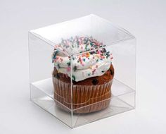 a cupcake with white frosting and sprinkles in a clear box