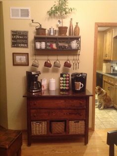 a coffee bar in the corner of a kitchen