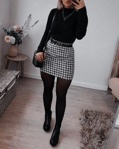 Female Fashion Inspiration, Skirt With Leggings Outfit Fall, Business Casual Outfits Social Work, Fall Dress With Shacket, New Years Eve Outfits White Boots, Marshall’s Outfits, Casual Chic Going Out Outfits, Womens Plaid Skirt Outfit, Outfits With Short Leather Jackets