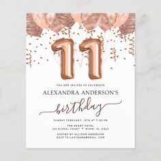 a birthday party card with balloons and confetti on the front, in gold foil