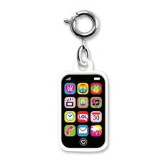 a black cell phone keychain with various icons on it's front and back sides