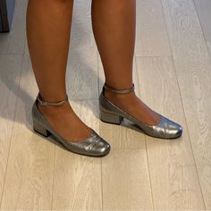 Metallic Silver Tone Ankle Strap Ysl Logo On Heel Heel Is Chunky And Short - Perfect & Comfortable For Desk To Dinner! Ysl Logo, Ankle Strap Flats, Saint Laurent Shoes, Flat Color, Flat Shoes Women, Loafer Flats, Ankle Strap, Metallic Silver, Saint Laurent