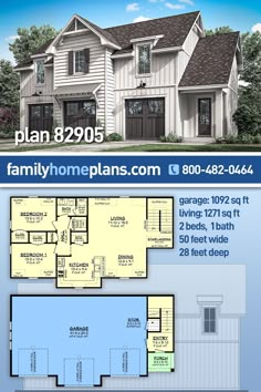 two story house plans with garage and living room in the middle, one bedroom on each floor