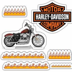 the harley davidson company sticker is shown in red and orange flames on a white background