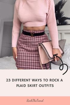 Woman in a pink cropped sweater and plaid skirt holding a chain-strap purse. "23 Different Ways to Rock a Plaid Skirt Outfits." Plaid Set, Tartan Skirt, Mens Attire