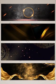 three horizontal banners with gold swirls and stars in the sky, on a dark background