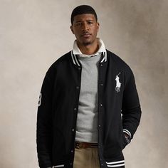 This Big & Tall baseball jacket features a twill “3” patch at the right sleeve which nods to the number typically worn by a polo team’s strongest player. Black Long Sleeve Varsity Jacket For Baseball Season, Black Varsity Outerwear For Baseball Season, Varsity Long Sleeve Sport Coat For Sports Events, Varsity Sport Coat For Sports Events With Long Sleeves, Varsity Style Sport Coat For Sports Events, Varsity Sport Coat For Sports Events, College Style Long Sleeve Varsity Jacket, Sporty Ralph Lauren Fall Outerwear, Black Sporty Varsity Jacket For Baseball Season