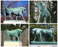 four pictures of the same bull statue in different stages of being painted green and blue