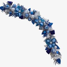 a blue and white christmas wreath with ornaments on it's side, in the shape of an ornament