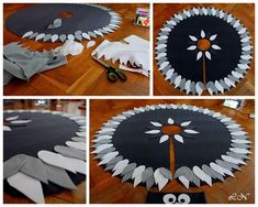 four pictures of the process of making an umbrella out of paper and cut into smaller pieces