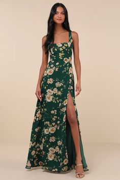 Green Floral Maxi Dress - Chiffon Dress - Sleeveless Maxi Dress - Lulus Formal Outfits For Women, Floral Chiffon Maxi Dress, Casual Formal Dresses, Dark Green Dress, Ruched Maxi Dress, Wedding 2025, Mob Dresses, Formal Outfits, Dress Chiffon