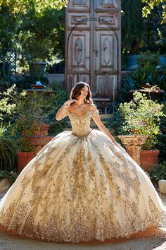 Steal the show with our dazzling Bedazzled Off-The-Shoulder Cathedral Train dress. This gown is a real head-turner, designed to make you shine. The elegant off-the-shoulder neckline adds a touch of glamour, while the glittery tulle overlay sparkles with every step you take. Get ready to make a grand entrance at your Quinceañera in our Bedazzled Off-The-Shoulder Cathedral Train dress.-Cathedral Train- See-Through Corset- Sweetheart- Glitter tulle overlay- 3 Layered- Off The Shoulder- Gold Embroid Off The Shoulder Corset Dress, Gown With Detachable Train, Ball Gown Gold, Off Shoulder Corset, Corset Ball Gowns, Train Dress, Flower Girl Accessories