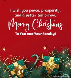 merry christmas card with presents and stars on the red background, says i wish you peace, prosperity, and a better tomorrow