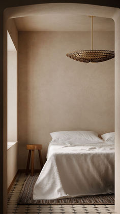 Rattan lighting pendant hangin above a bed Semi Flush Pendant, Minimal Bedroom Ideas, Apartment Remodel, Bedroom Minimal, La Apartment, Loft Penthouse, Concrete Effect Paint, Mtv Cribs, Light For Kitchen