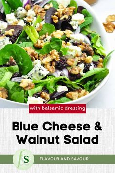 blue cheese and walnut salad with balsamic dressing in a white bowl on a table