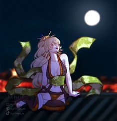 a woman sitting on top of a roof under a full moon