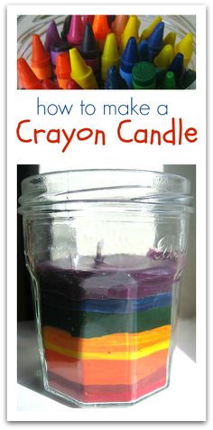 a glass jar filled with colored liquid and the words crayon candle on it