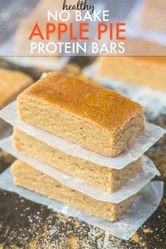 no bake apple pie protein bars stacked on top of each other with text overlay