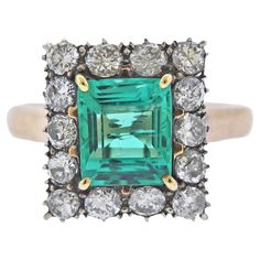 14k gold ring with center approx. 2.18ct emerald (stone measures 8.7 x 7.55 x4.8mm, has internal fracture), surrounded with approx. 1.40ctw in H-I/Si diamonds. Ring size 8.5 (EU 58.5) and top is 15 x 14mm, weight 5.6 grams. Heirloom Emerald Cut Emerald Cluster Ring, Emerald Cut Diamond Cluster Ring, Vintage Cluster Ring, Diamond Gold Ring, Emerald Cut Diamond Ring, Gold Cocktail Ring, Gold Cocktail, Diamonds Ring, 18k Gold Ring