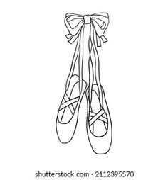 pair of ballet shoes tied with ribbon and bow on white background, line art style